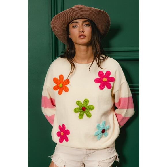 BiBi Colorful Floral Patches Striped Sleeves Relaxed Pullover Sweater | Oatmeal - Picture 7 of 9